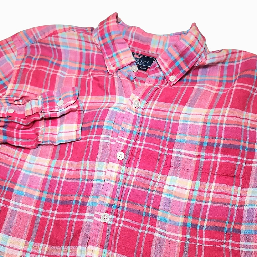 Vineyard Vines 100%‎ Linen Men's Slim Fit Murray Plaid Button-down Size Large